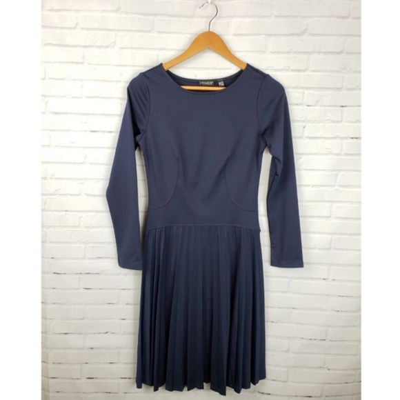 VENUS Dresses & Skirts - Venus Navy Pleated Long Sleeve Fit And Flare Dress